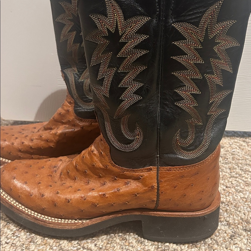 Justin Tekno Crepe Sole Men's Black Brown Full Quill Ostrich Western Boots 7.5B - Picture 3 of 6